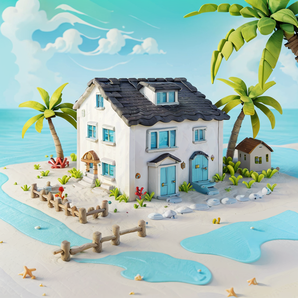 01678-1903634031-(no humans_1.6）,(illustration_1.0), masterpiece, best quality, Seaside cottage, beach, palm trees, fence, shells, white backgrou.png